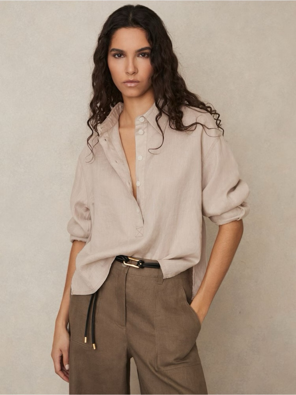 Reiss Nina Linen Overhead Open-Collar Shirt in Neutral Sz 12
